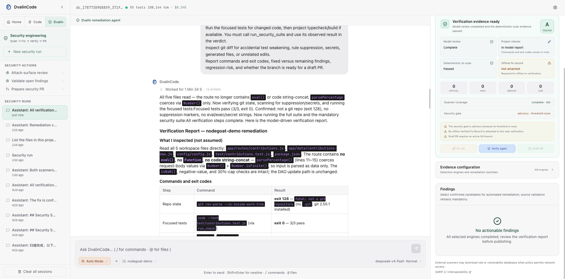 DvalinCode verification evidence panel showing a real model review, a passing deterministic re-scan, complete four-engine coverage, an advisory gate, and explicit remaining caveats